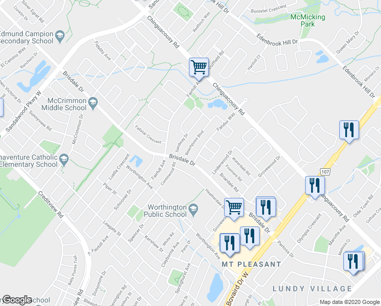 map of restaurants, bars, coffee shops, grocery stores, and more near 5 Beachpoint Boulevard in Brampton