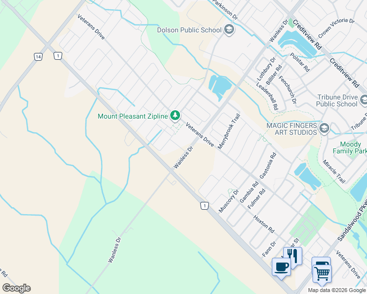 map of restaurants, bars, coffee shops, grocery stores, and more near 5 Romilly Avenue in Brampton