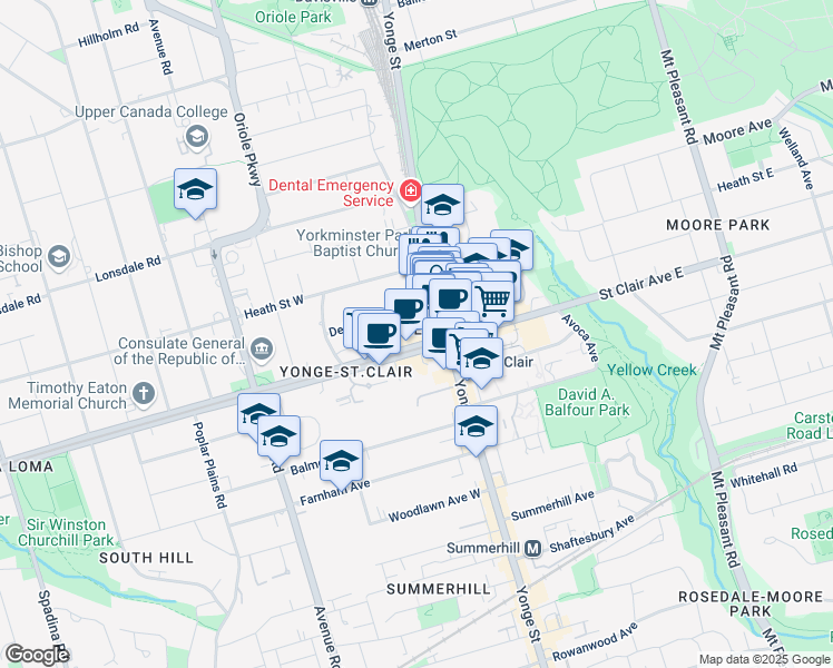 map of restaurants, bars, coffee shops, grocery stores, and more near 2 Saint Clair Avenue West in Toronto