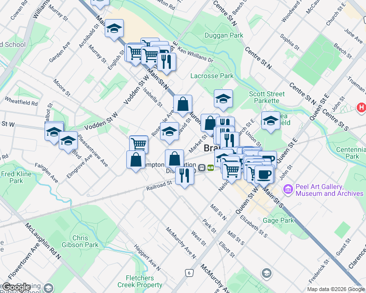 map of restaurants, bars, coffee shops, grocery stores, and more near 34 Joseph Street in Brampton