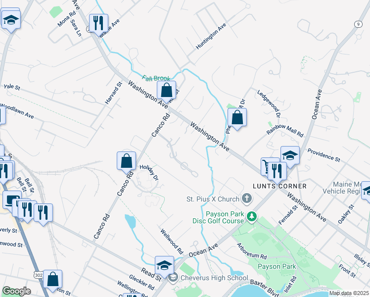 map of restaurants, bars, coffee shops, grocery stores, and more near 37 Fall Brook Street in Portland