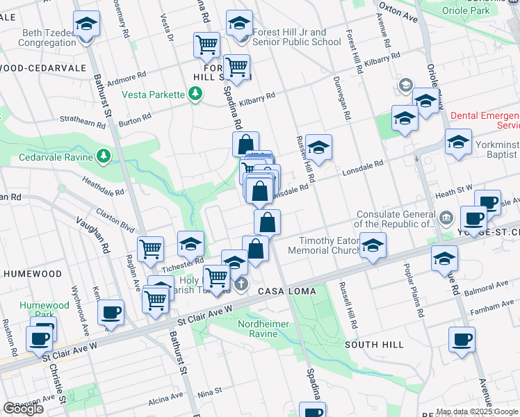 map of restaurants, bars, coffee shops, grocery stores, and more near 404 Spadina Road in Toronto