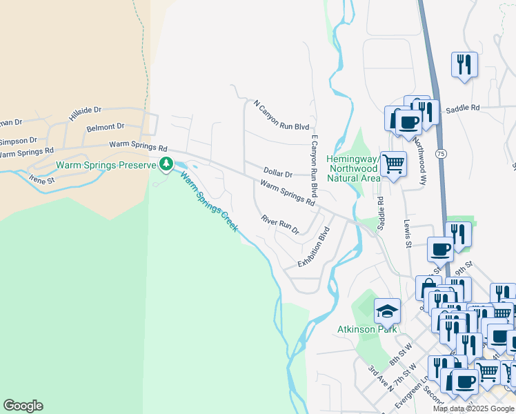 map of restaurants, bars, coffee shops, grocery stores, and more near 410 River Run Drive in Hailey