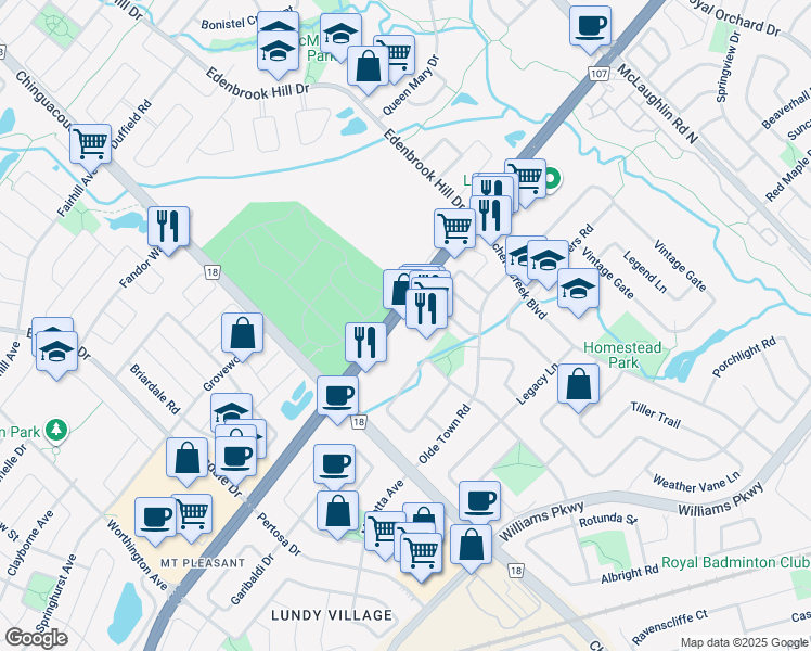 map of restaurants, bars, coffee shops, grocery stores, and more near 791 Bovaird Drive West in Brampton