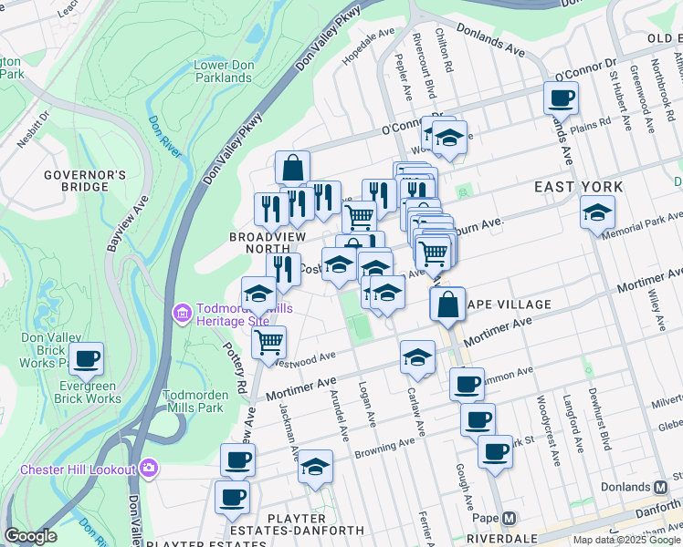 map of restaurants, bars, coffee shops, grocery stores, and more near 1135 Logan Avenue in Toronto