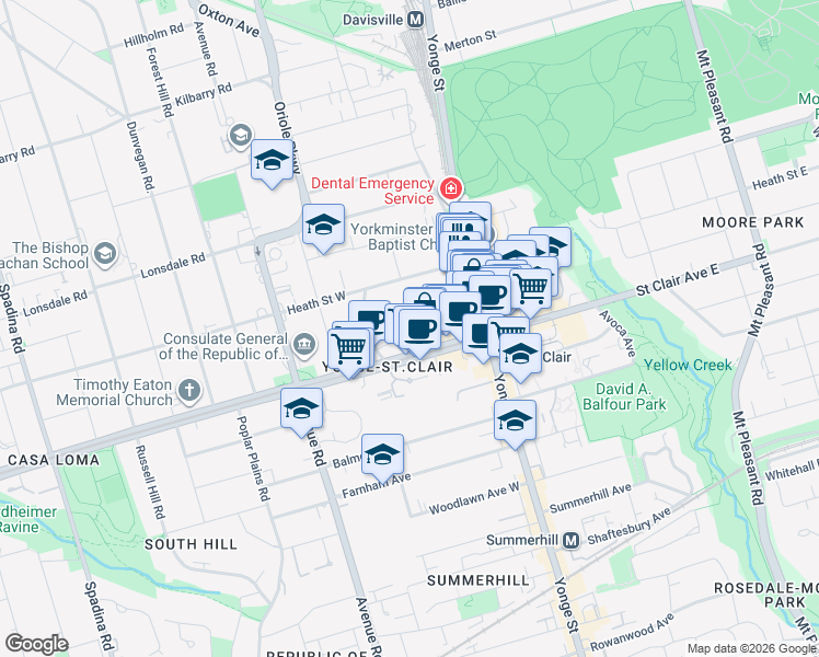 map of restaurants, bars, coffee shops, grocery stores, and more near in Toronto