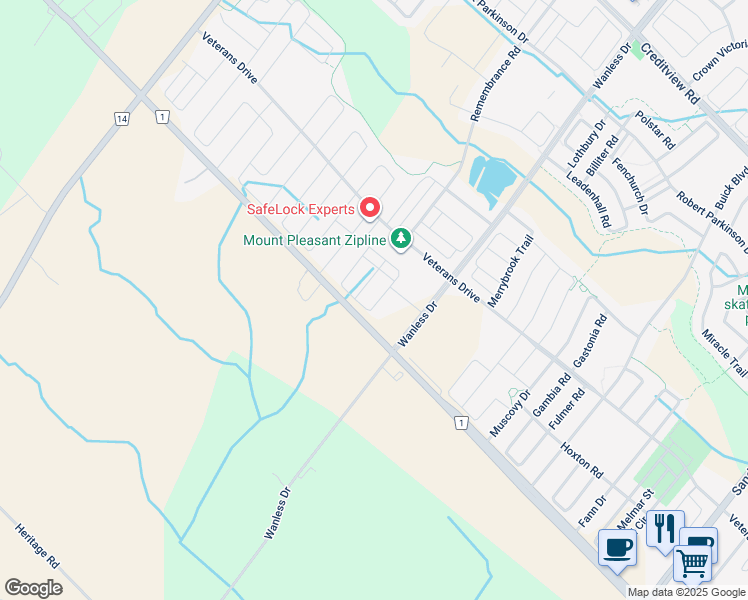 map of restaurants, bars, coffee shops, grocery stores, and more near 71 Finegan Circle in Brampton