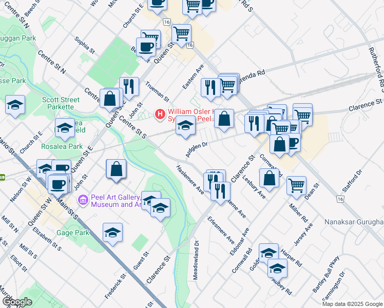 map of restaurants, bars, coffee shops, grocery stores, and more near 84 Ardglen Drive in Brampton