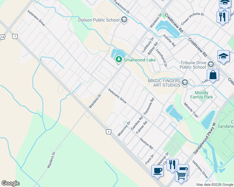 map of restaurants, bars, coffee shops, grocery stores, and more near 325 Veterans Drive in Brampton