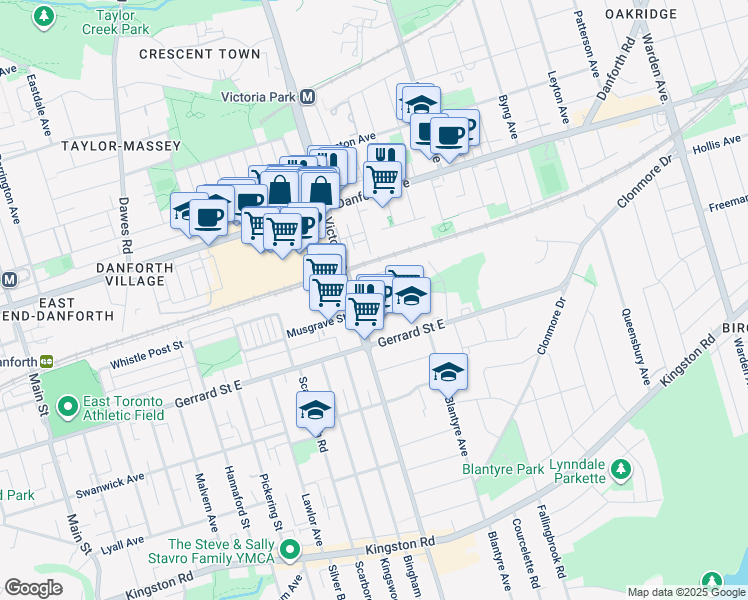 map of restaurants, bars, coffee shops, grocery stores, and more near 411 Victoria Park Avenue in Toronto