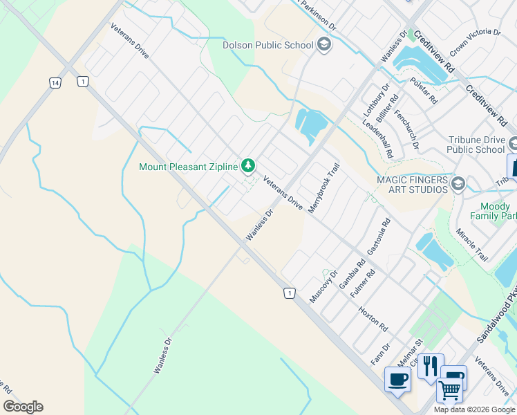 map of restaurants, bars, coffee shops, grocery stores, and more near 5 Romilly Avenue in Brampton