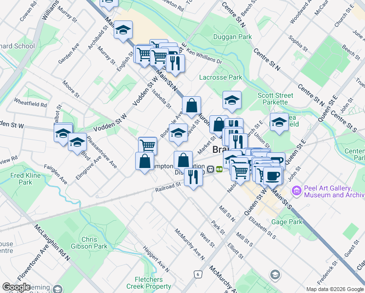 map of restaurants, bars, coffee shops, grocery stores, and more near 43 David Street in Brampton