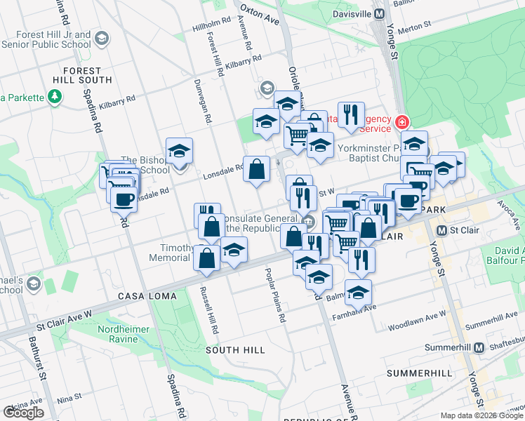 map of restaurants, bars, coffee shops, grocery stores, and more near Forest Hill Road in Toronto