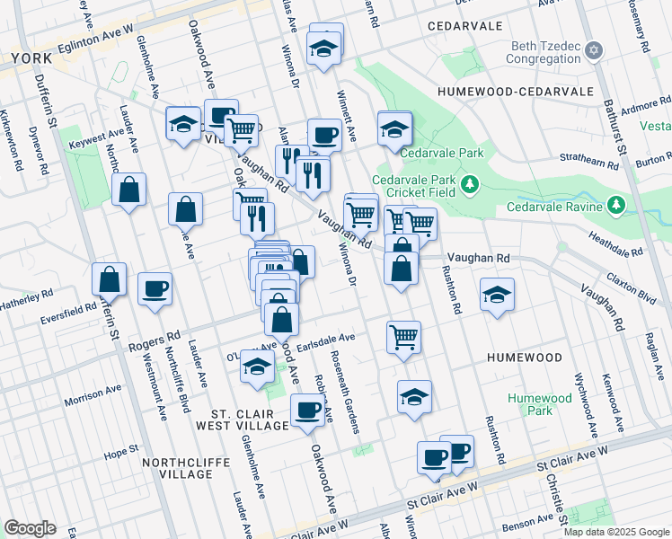 map of restaurants, bars, coffee shops, grocery stores, and more near 440 Winona Drive in Toronto