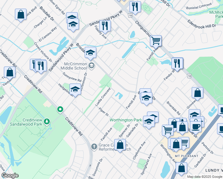 map of restaurants, bars, coffee shops, grocery stores, and more near 184 Brisdale Drive in Brampton