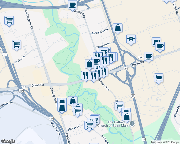 map of restaurants, bars, coffee shops, grocery stores, and more near in Toronto