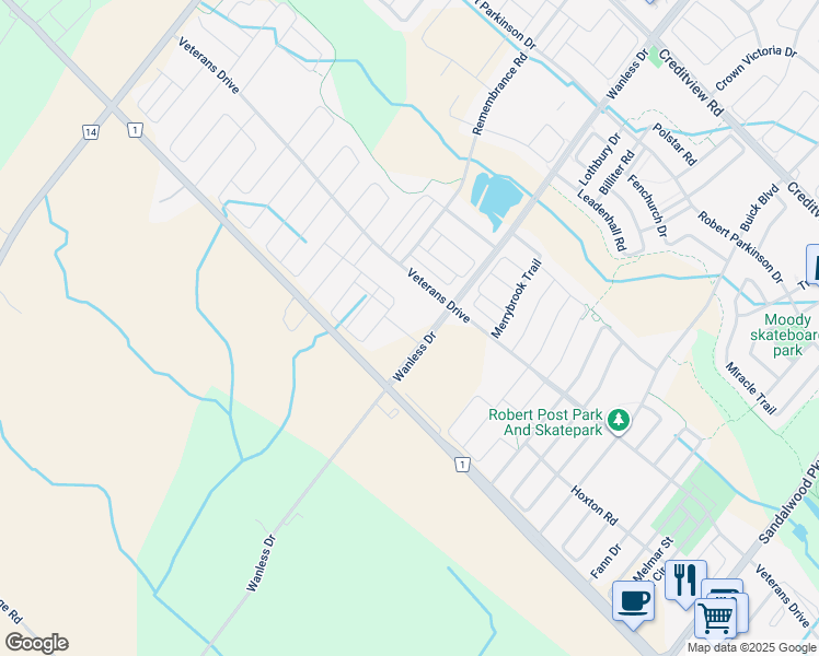 map of restaurants, bars, coffee shops, grocery stores, and more near 43 Finegan Circle in Brampton