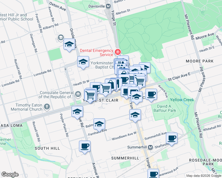 map of restaurants, bars, coffee shops, grocery stores, and more near 33 Delisle Avenue in Toronto