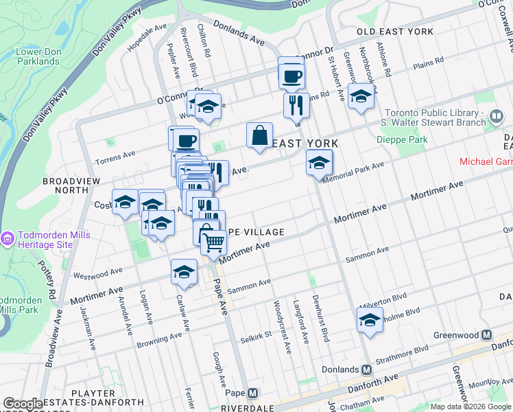 map of restaurants, bars, coffee shops, grocery stores, and more near 234 Floyd Avenue in Toronto