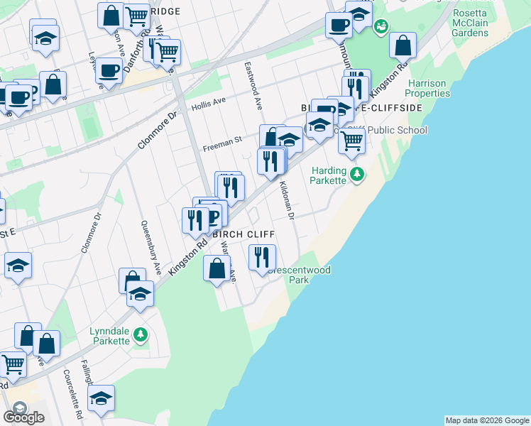 map of restaurants, bars, coffee shops, grocery stores, and more near 56a Valhalla Boulevard in Toronto