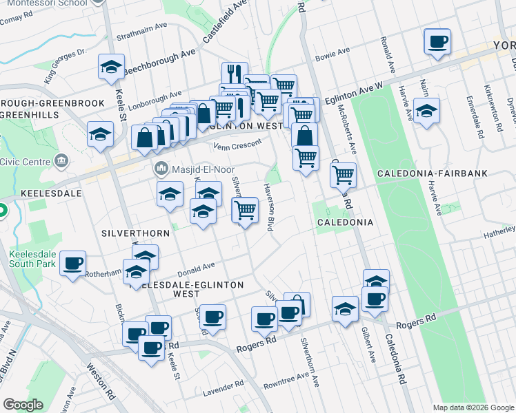 map of restaurants, bars, coffee shops, grocery stores, and more near 9B Harlton Crescent in Toronto