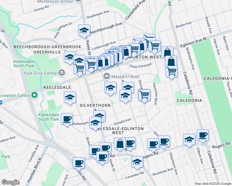 map of restaurants, bars, coffee shops, grocery stores, and more near in Toronto
