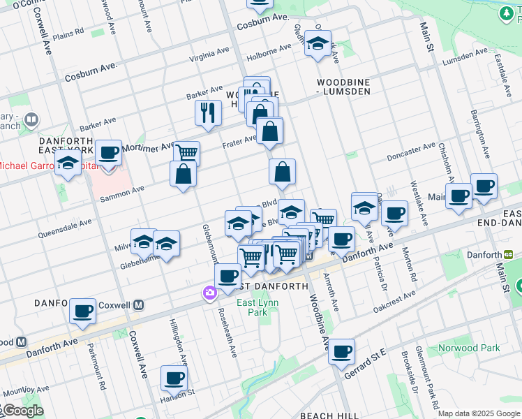 map of restaurants, bars, coffee shops, grocery stores, and more near 679 Milverton Boulevard in Toronto