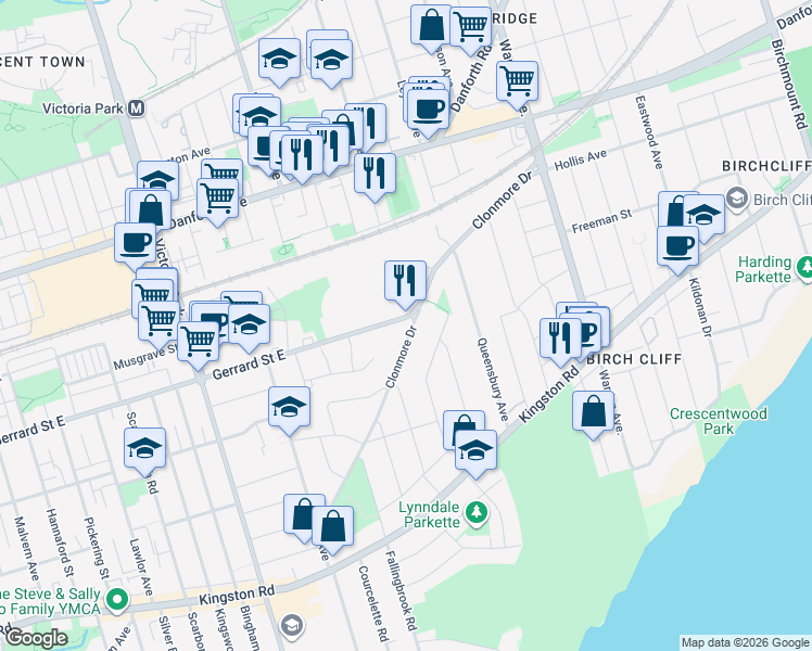 map of restaurants, bars, coffee shops, grocery stores, and more near 84 Clonmore Drive in Toronto