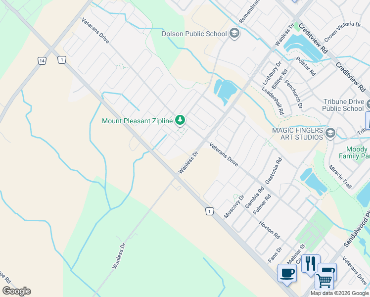 map of restaurants, bars, coffee shops, grocery stores, and more near 65 Romilly Avenue in Brampton