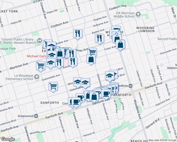 map of restaurants, bars, coffee shops, grocery stores, and more near 250 Springdale Boulevard in Toronto