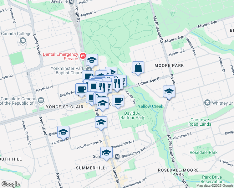 map of restaurants, bars, coffee shops, grocery stores, and more near 60 Saint Clair Avenue East in Toronto
