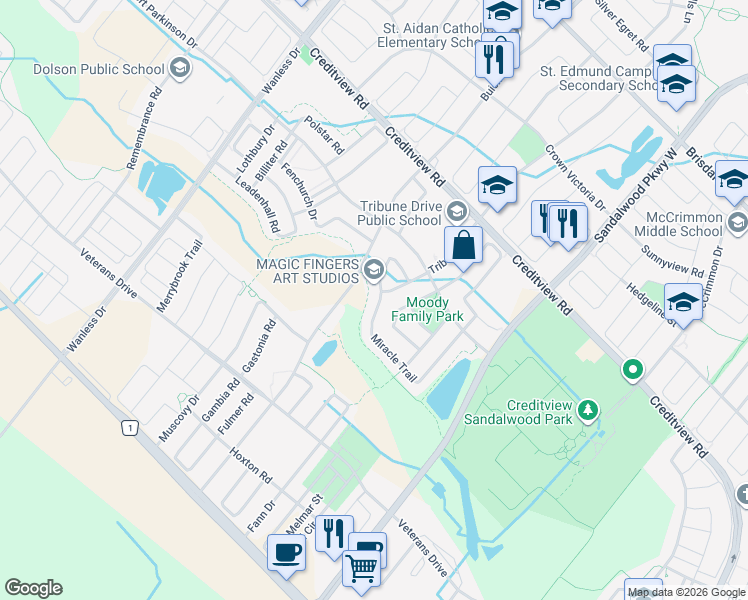 map of restaurants, bars, coffee shops, grocery stores, and more near 106 Miracle Trail in Brampton
