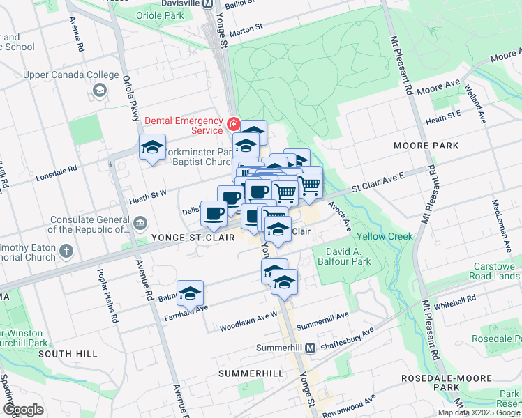 map of restaurants, bars, coffee shops, grocery stores, and more near 12 Saint Clair Avenue East in Toronto