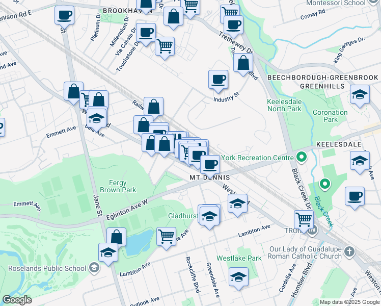 map of restaurants, bars, coffee shops, grocery stores, and more near 9 Oxford Drive in Toronto