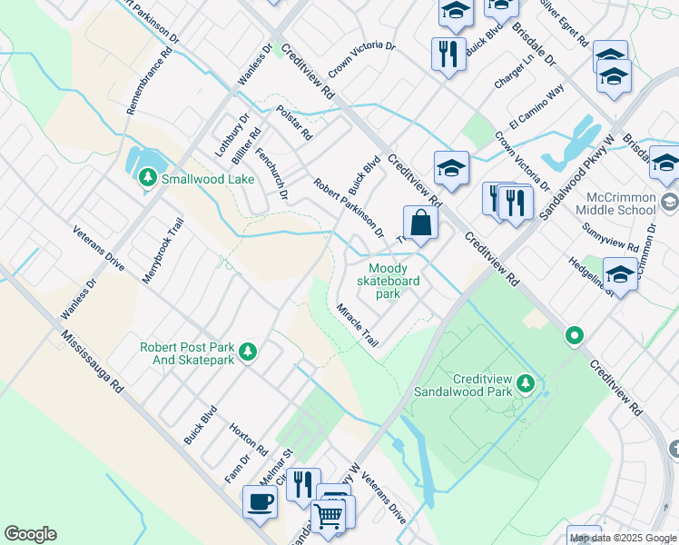 map of restaurants, bars, coffee shops, grocery stores, and more near 106 Miracle Trail in Brampton