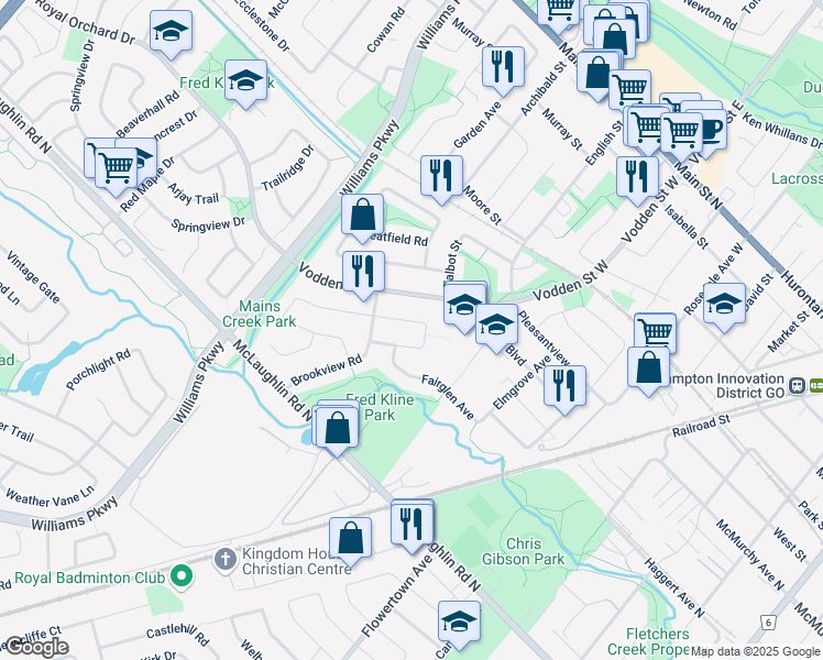 map of restaurants, bars, coffee shops, grocery stores, and more near 25 Deerpark Crescent in Brampton