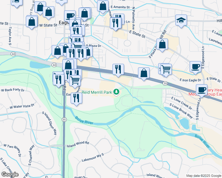 map of restaurants, bars, coffee shops, grocery stores, and more near 485 East Riverside Drive in Eagle