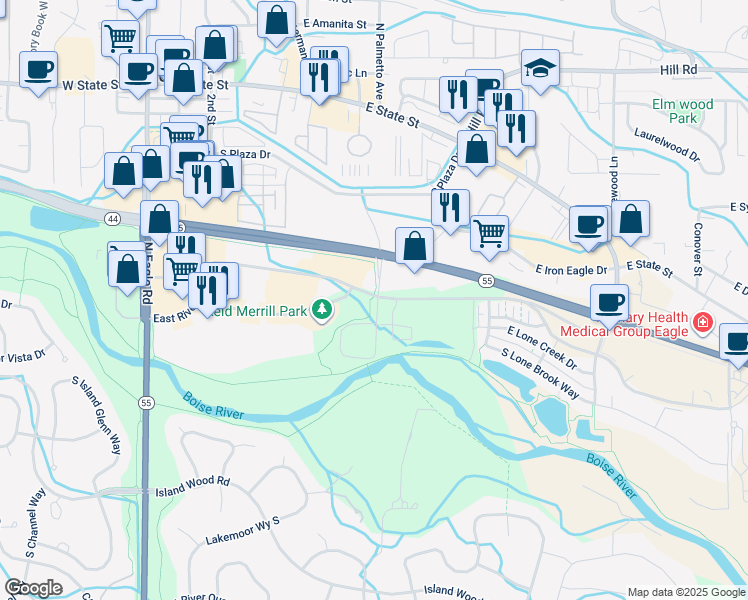map of restaurants, bars, coffee shops, grocery stores, and more near 745 East Riverside Drive in Eagle