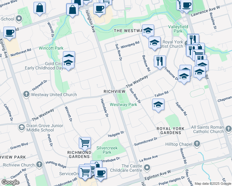 map of restaurants, bars, coffee shops, grocery stores, and more near 175 The Westway in Toronto