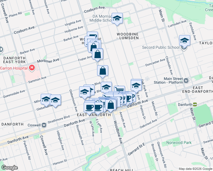 map of restaurants, bars, coffee shops, grocery stores, and more near 1071 Woodbine Avenue in Toronto