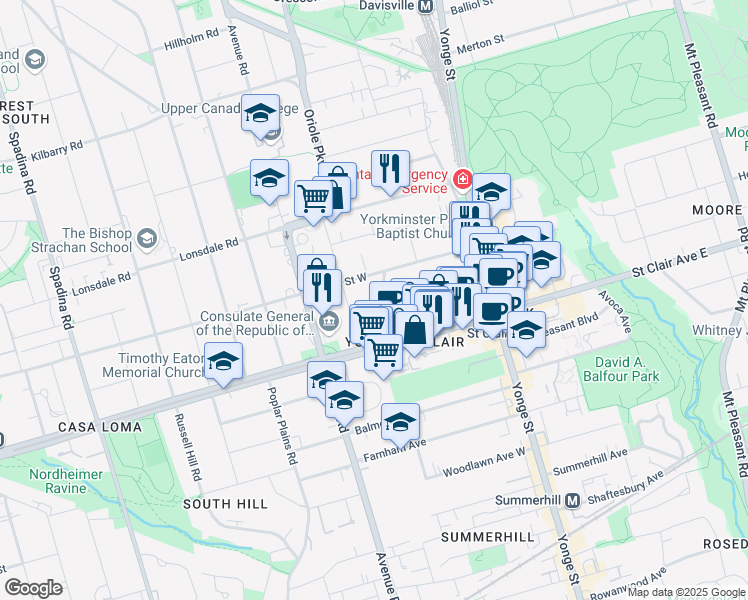 map of restaurants, bars, coffee shops, grocery stores, and more near in Toronto