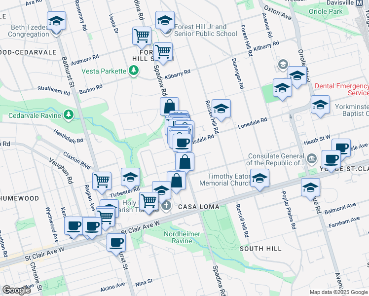 map of restaurants, bars, coffee shops, grocery stores, and more near in Toronto