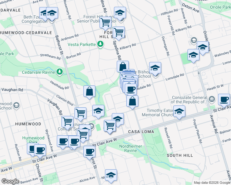 map of restaurants, bars, coffee shops, grocery stores, and more near in Toronto