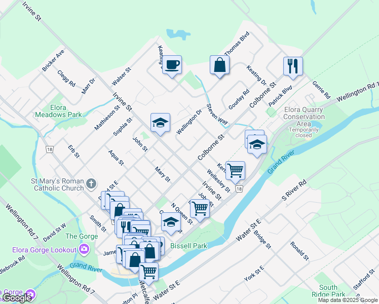 map of restaurants, bars, coffee shops, grocery stores, and more near 8 Wellington Drive in Elora