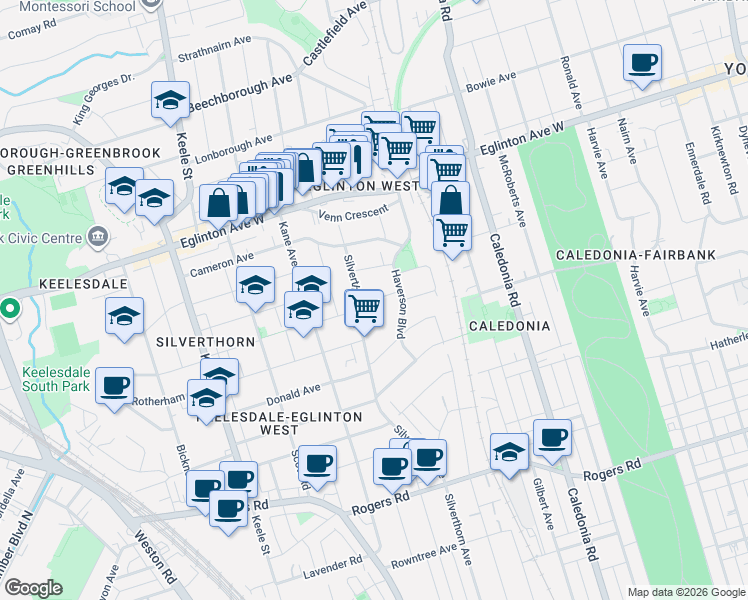 map of restaurants, bars, coffee shops, grocery stores, and more near 18 Harlton Crescent in Toronto