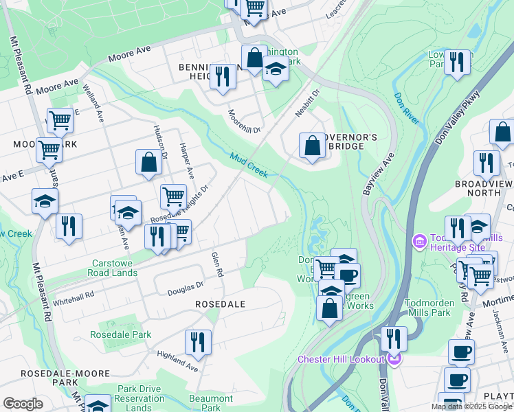 map of restaurants, bars, coffee shops, grocery stores, and more near 39 Standish Avenue in Toronto