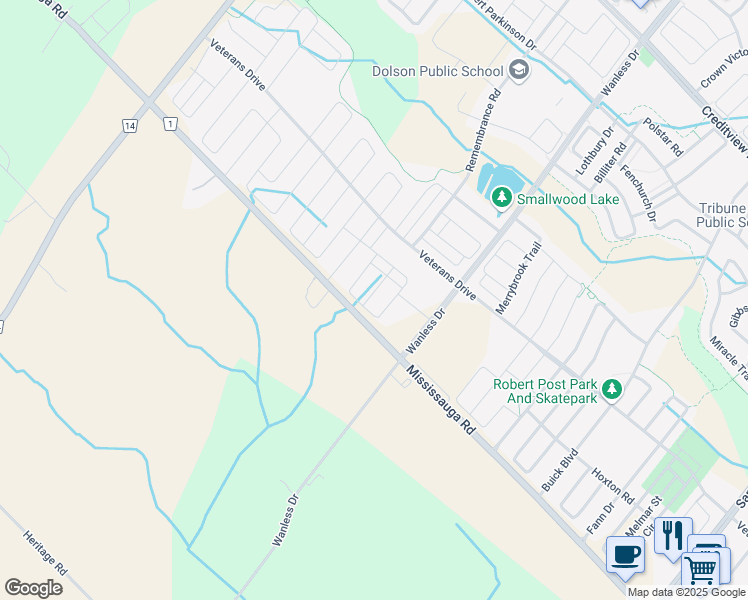 map of restaurants, bars, coffee shops, grocery stores, and more near 25 Dale Meadows Rd in Brampton