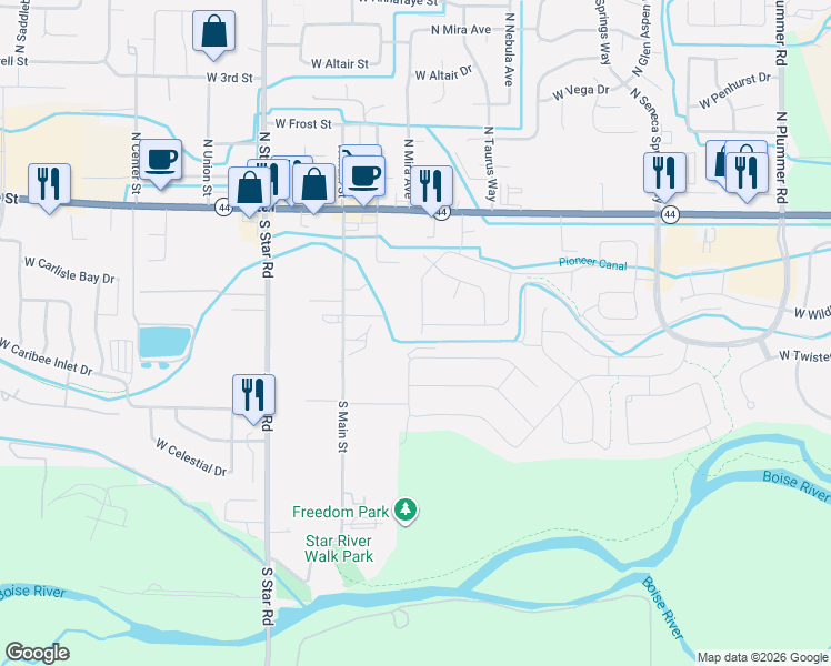 map of restaurants, bars, coffee shops, grocery stores, and more near 401 South Delphinium Avenue in Star