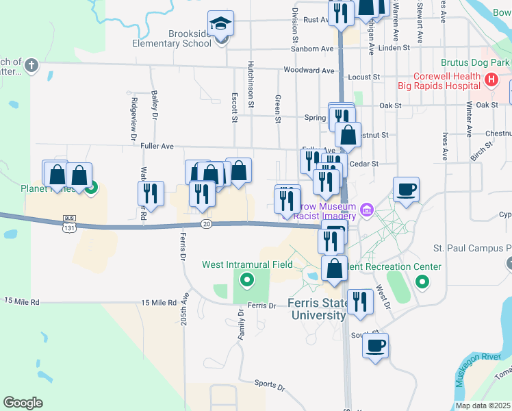 map of restaurants, bars, coffee shops, grocery stores, and more near 408 Perry Avenue in Big Rapids