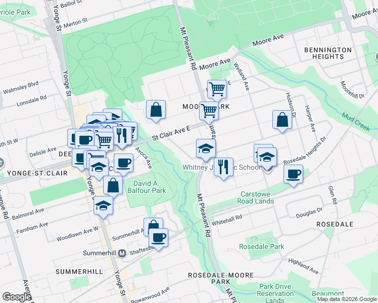 map of restaurants, bars, coffee shops, grocery stores, and more near 115 Inglewood Drive in Toronto